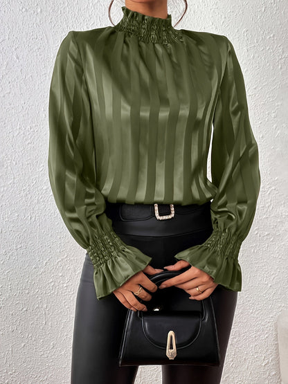 Satijnen Dames Blouse Met Lange Mouwen En Shirred Kraag – Noëlle