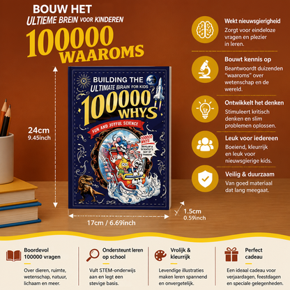 Feiten- en vragenboek voor kinderen met 100.000 waaromvragen, boek rechtopstaand op een plank met afmetingen