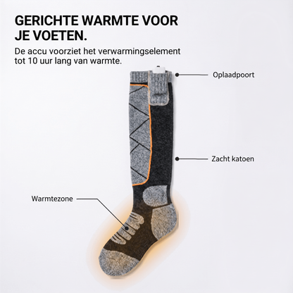 Schema van de sok met aanduiding van warmtezone bij de voet, katoen en oplaadpoort