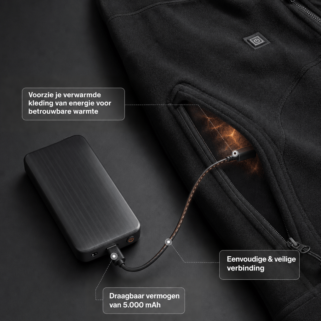 Zwarte powerbank met kabel verbonden aan een zwarte fleece jas, met oranje gloed in de zak