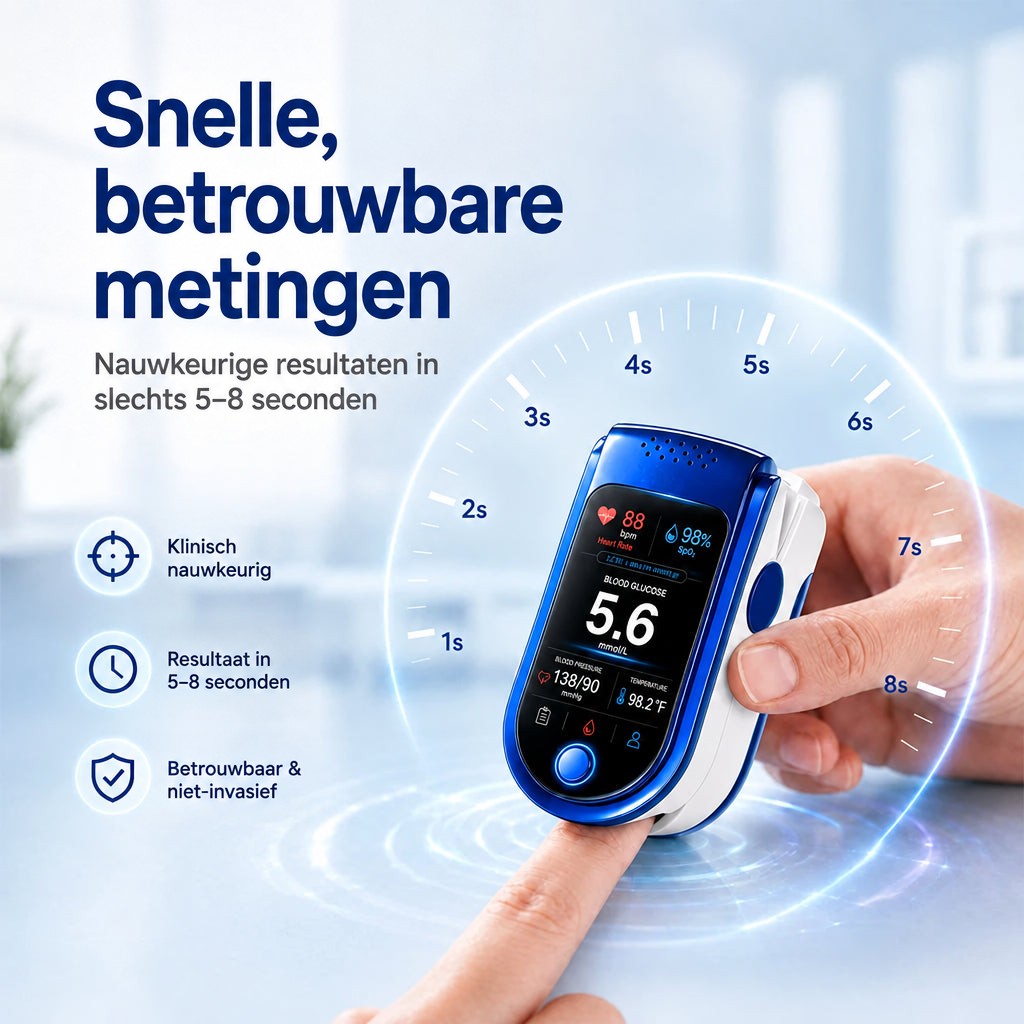 Hand klemt de monitor om een vingertop, met een cirkelvormige tijdschaal van 1 tot 8 seconden eromheen. 11