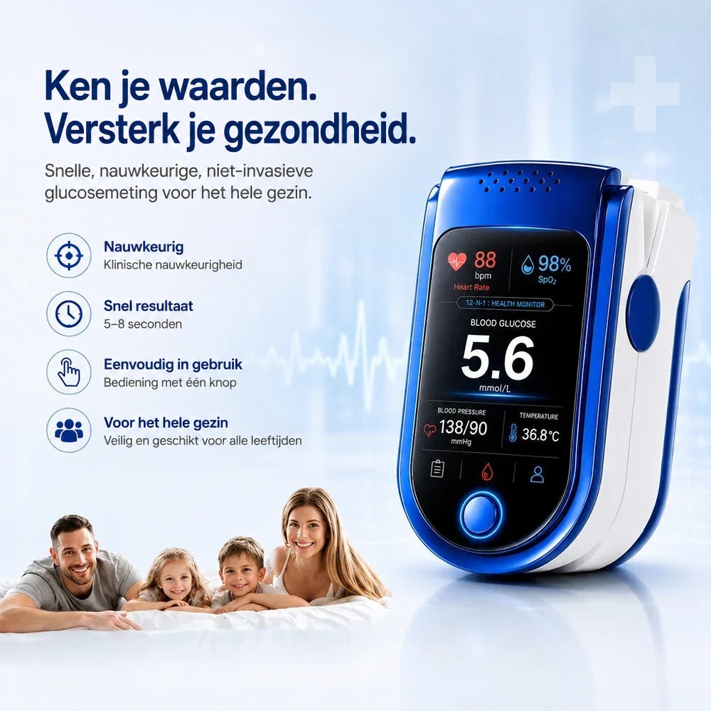Blauwwitte monitor met kleurendisplay naast vier pictogrammen met voordelen en een gezin van vier dat lachend op een bed ligt. 5