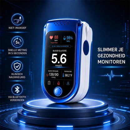Monitor op een verlicht rond platform tegen een donkerblauwe technische achtergrond met pictogrammen voor snelle metingen en Bluetooth. 6