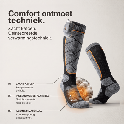 Twee grijs zwarte sokken met uitleg over katoen, ingebouwde verwarming en ademend materiaal