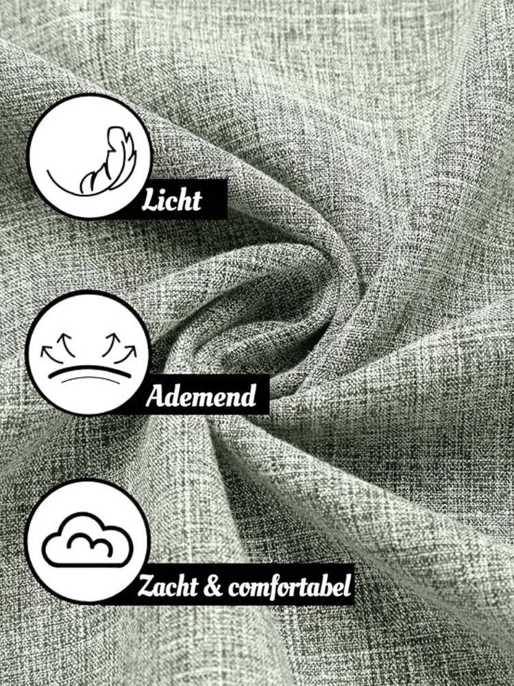Close-up van de gedraaide, grijsgroene gemêleerde stof met drie iconen die lichtheid, ademend vermogen en comfort aanduiden 21