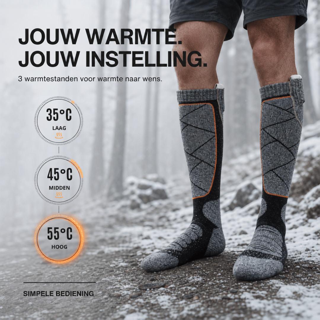 Man draagt grijze kniehoge sokken op een besneeuwd bospad met drie warmtestanden in cirkels