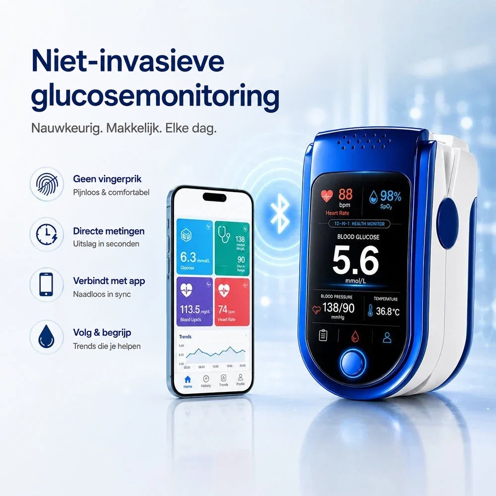 Monitor met bluetoothsymbool naast een smartphone die de bijbehorende app met meetwaarden en een trendgrafiek toont, plus vier voordeelpictogrammen. 10