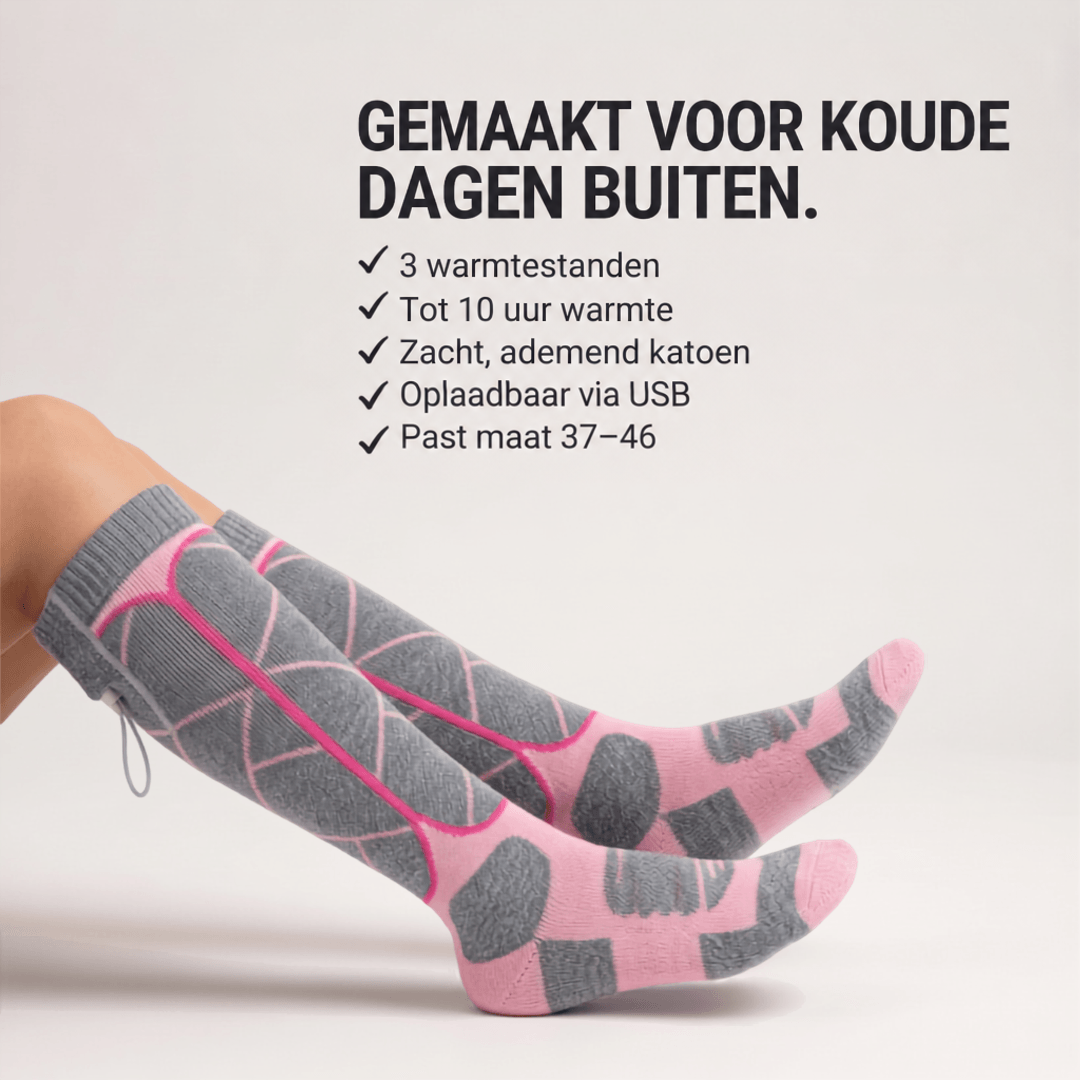 Roze en grijze kniehoge sokken aan de benen van een model met lijst van kenmerken