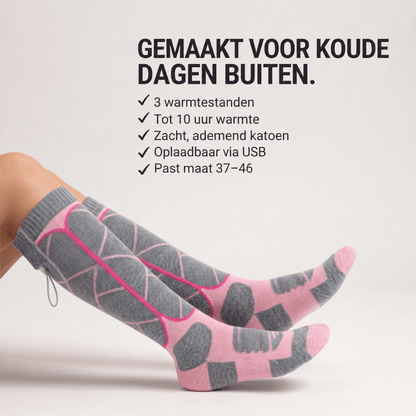Roze en grijze kniehoge sokken aan de benen van een model met lijst van kenmerken
