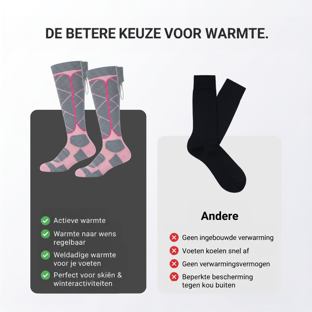 Vergelijking van roze-grijze verwarmde kniesokken met een gewone zwarte sok zonder verwarming