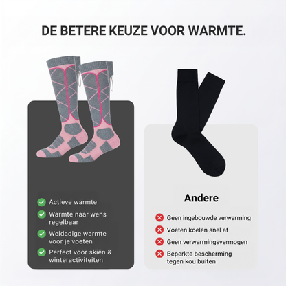Vergelijking van roze-grijze verwarmde kniesokken met een gewone zwarte sok zonder verwarming