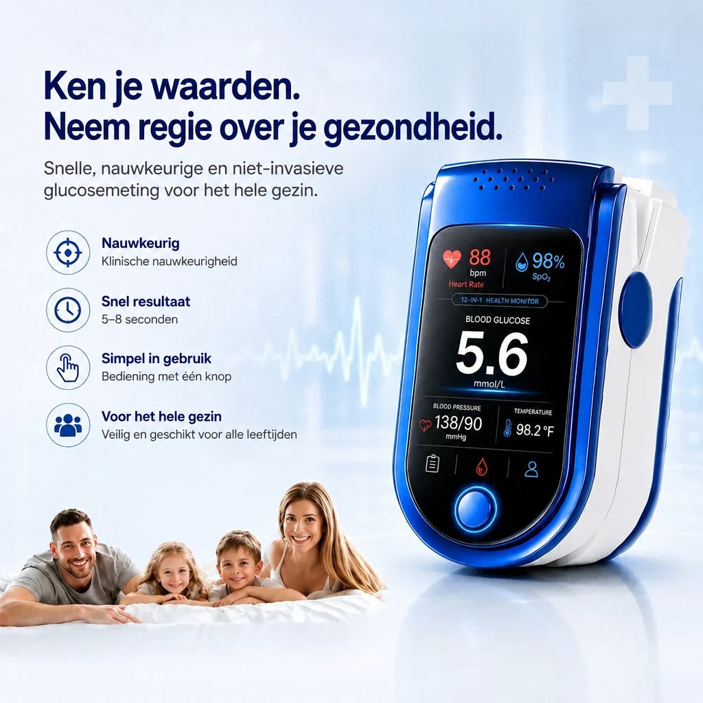 Monitor met meetwaarden op het scherm naast een lachend gezin met twee kinderen, met pictogrammen voor nauwkeurigheid, snelheid en gebruiksgemak. 4