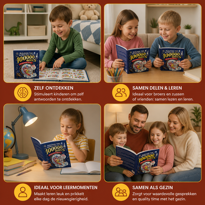 Feiten- en vragenboek voor kinderen met 100.000 waaromvragen, collage van vier leesmomenten