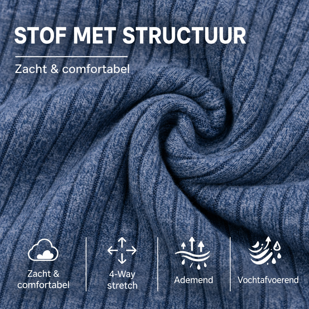 Close-up van de blauwe geribbelde stof met pictogrammen voor zachtheid, stretch, ademend en vochtafvoerend