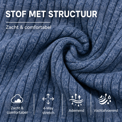 Close-up van de blauwe geribbelde stof met pictogrammen voor zachtheid, stretch, ademend en vochtafvoerend