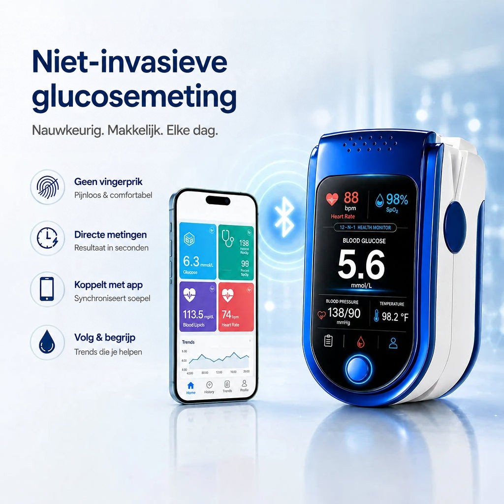 Monitor naast een smartphone met app-tegels en een trendgrafiek, verbonden via een Bluetooth-symbool, met pictogrammen voor gebruiksvoordelen. 9