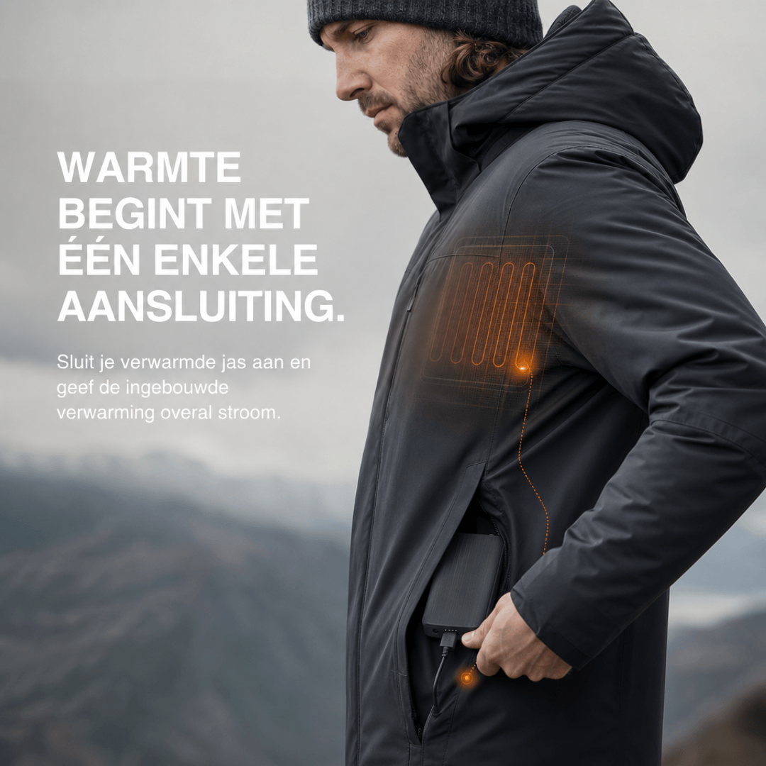 Man in zwarte jas met muts, de accu in zijn zak, met verwarmingselement oplichtend in oranje
