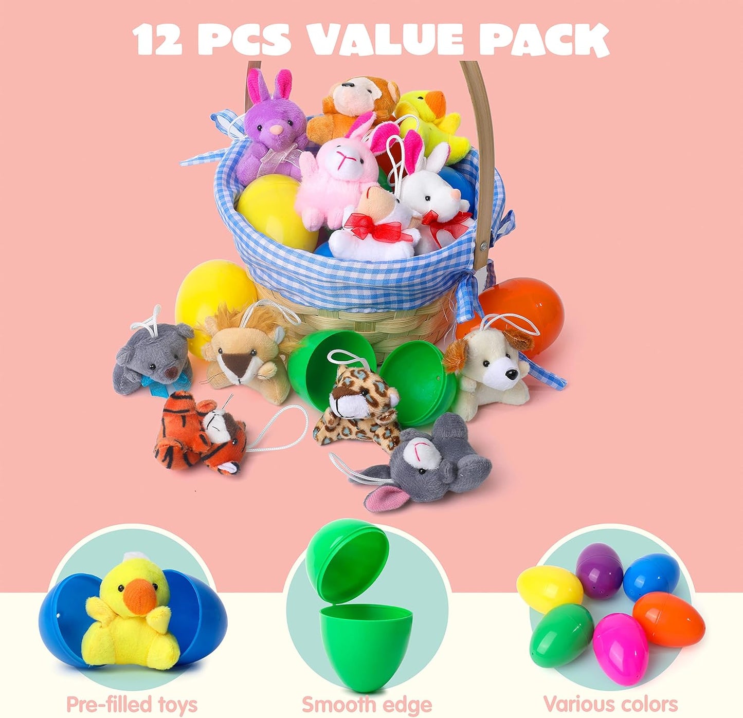 Pluche paaseieren met mini-diertjes voor kinderen – set van 12 verrassingseieren