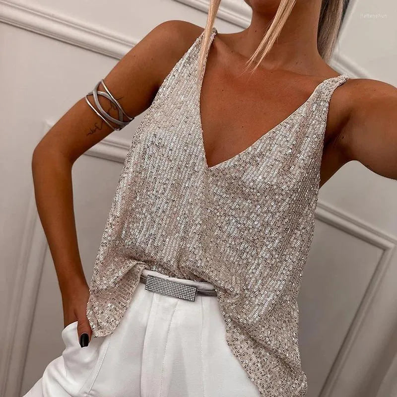 Glanzende dames pailletten top met spaghettibandjes – Liora