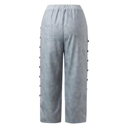 Gestreepte Hoge Taille Damesbroek met Decoratieve Knopen - Florence