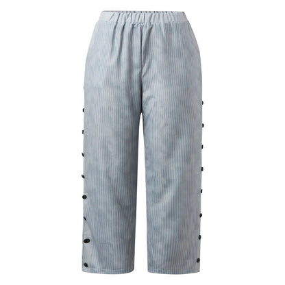 Gestreepte Hoge Taille Damesbroek met Decoratieve Knopen - Florence