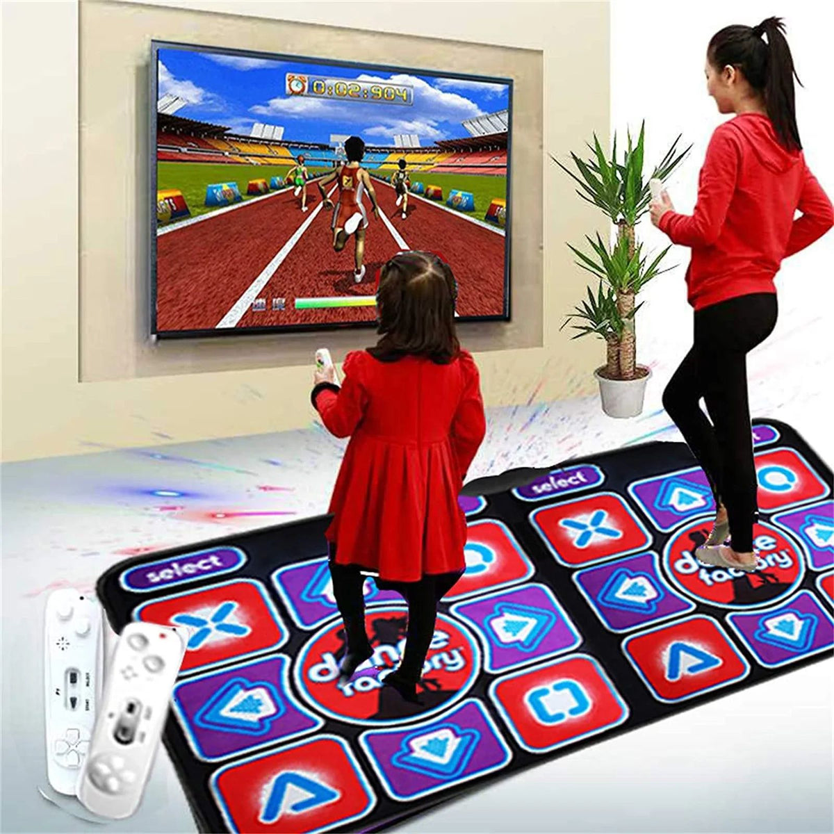 Dubbele dansmat RhythmFlex in rood en zwart met twee kinderen die erop spelen