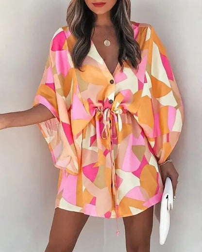 Zomerkleed met V-hals en ruche mouwen – Amira