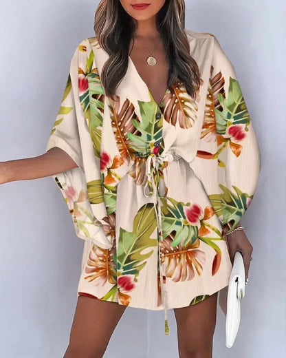 Zomerkleed met V-hals en ruche mouwen – Amira
