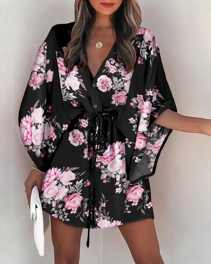 Zomerkleed met V-hals en ruche mouwen – Amira
