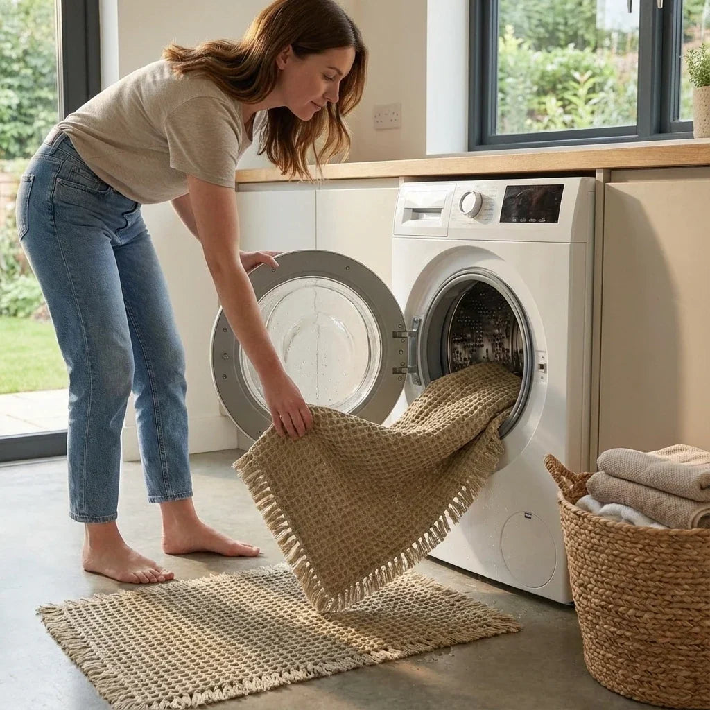 Vrouw haalt de wafelmat met franjes uit de wasmachine, een wasmand staat ernaast