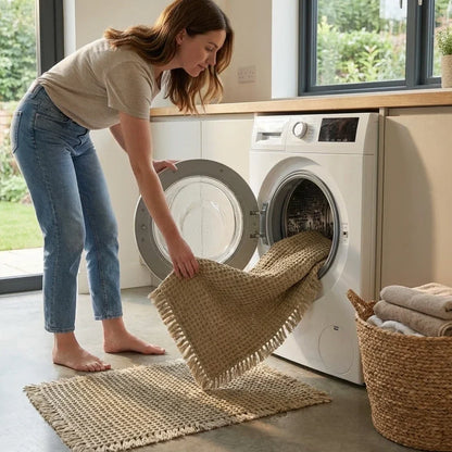 Vrouw haalt de wafelmat met franjes uit de wasmachine, een wasmand staat ernaast