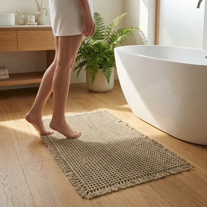Wafelmat met franjes detail voor een vrijstaand bad op houten vloer, met een persoon op blote voeten