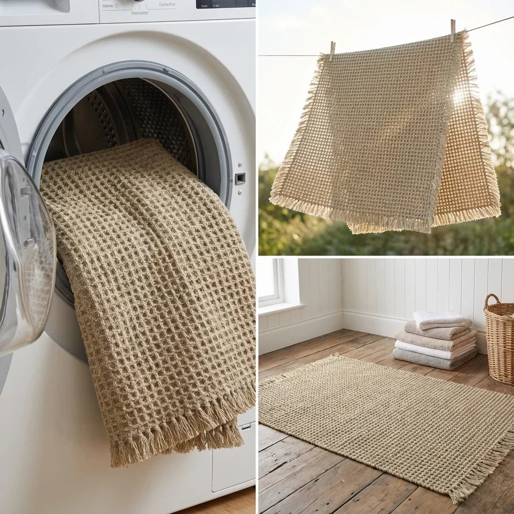 Wafelmat detail in de wasmachine, aan de waslijn en netjes op de vloer