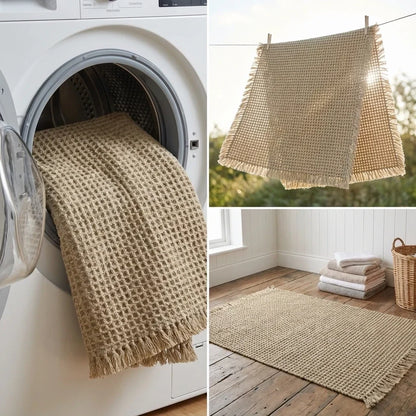 Wafelmat detail in de wasmachine, aan de waslijn en netjes op de vloer
