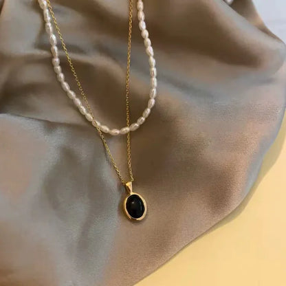 Zwarte Onyx en Parel Stapelketting - Aria