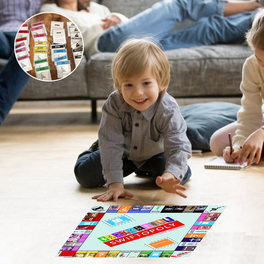 Muziekgebaseerd bordspel met songkaarten en Monopoly-geld voor spelavonden