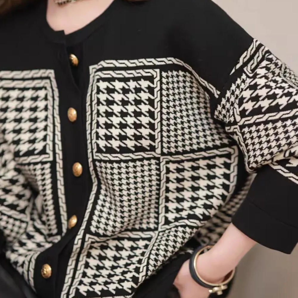 Zwarte Dames Cardigan met Pied-de-Poule Motief - Isolde