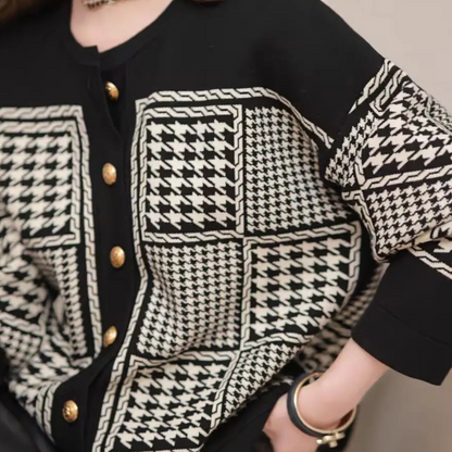 Zwarte Dames Cardigan met Pied-de-Poule Motief - Isolde