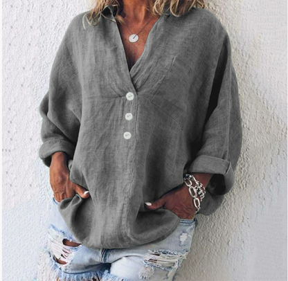 Luchtige Dames Linnen Blouse met Knoopjes en V-hals – Elodie