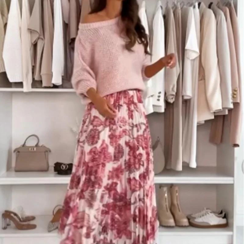 Tweedelige dames set met ronde hals top en rok met print – Elina