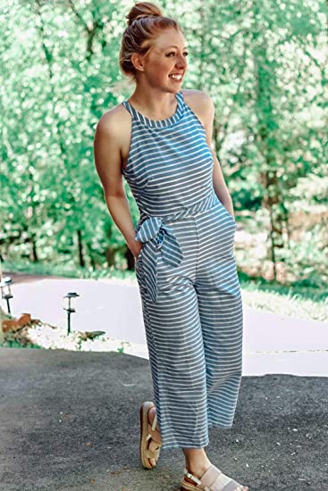 Gestreepte zomer jumpsuit voor dames met een wijde pijp en V-hals - Alina