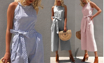 Gestreepte zomer jumpsuit voor dames met een wijde pijp en V-hals - Alina