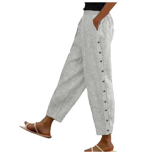 Gestreepte Hoge Taille Damesbroek met Decoratieve Knopen - Florence