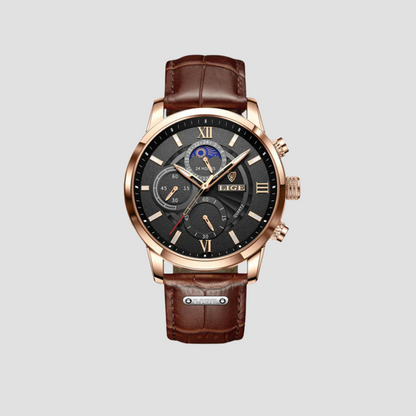 Klassieke herenhorloge met quartzuurwerk en leren band – Davion
