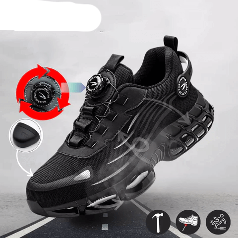Zwarte schoen met pictogrammen voor draaisluiting, beschermende neus, hamerslag en antislip, detail