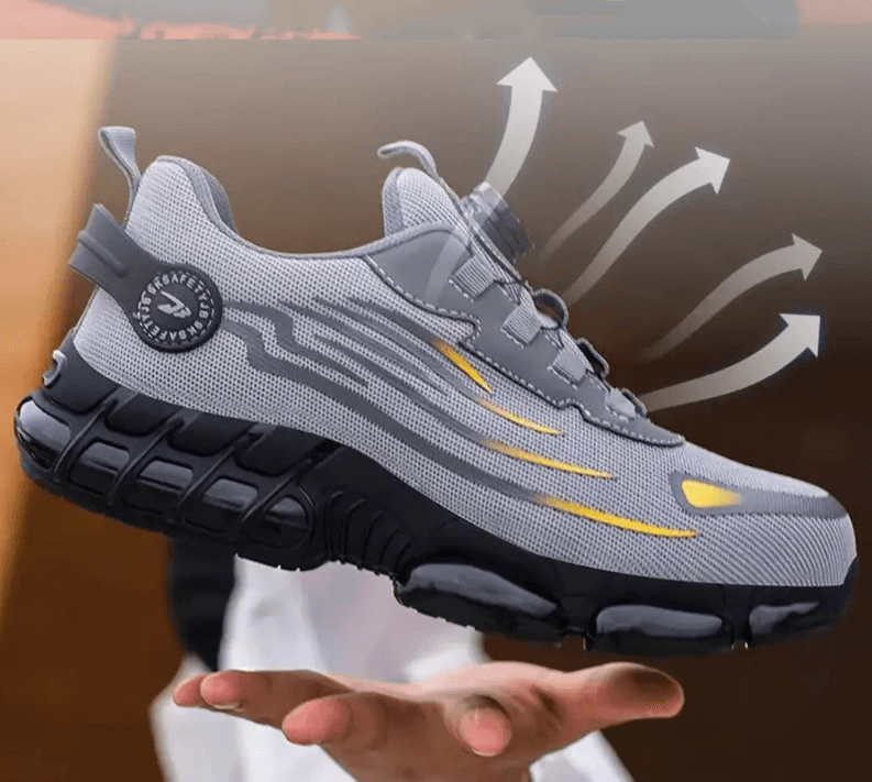 Grijze schoen met gele strepen en draaiknop, detail