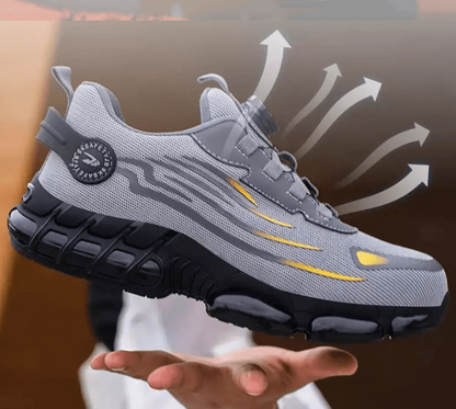 Grijze schoen met gele strepen en draaiknop, detail