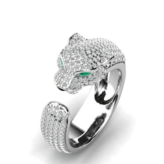 Verstelbare Ring in 18K Zilver en Roségoud met Groene Zirkonia-Ogen - Jaguar Ring™