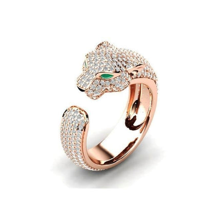 Verstelbare Ring in 18K Zilver en Roségoud met Groene Zirkonia-Ogen - Jaguar Ring™