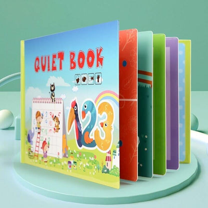 Interactief leerboek voor peuters met klittenband-opdrachten en opbergzakje.